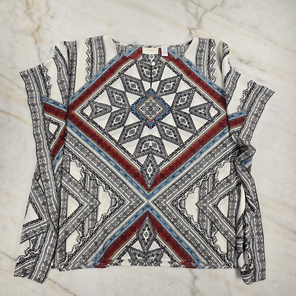 Chico's Geometric Tile Print Poncho‎ Top Size 2 L Blue Red Southwestern Boho